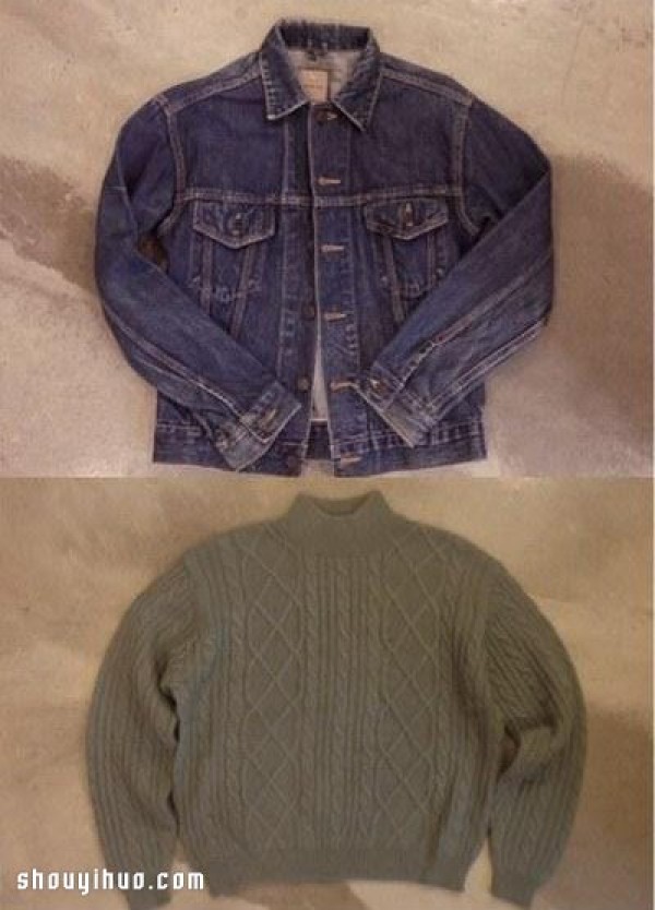 Old denim jacket + sweater handmade transformation DIY personalized warm jacket