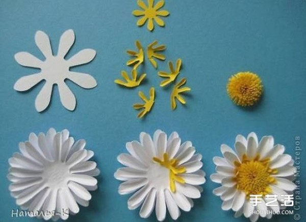 Illustrations of how to make handmade chrysanthemums and how to make cardboard chrysanthemums