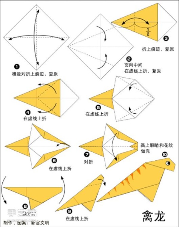 A simple way to fold a dinosaur, a complete collection of childrens origami, dinosaur origami illustrations