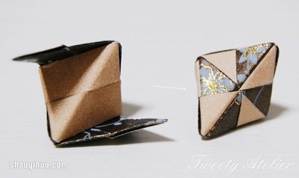 Illustrations of folding origami three-dimensional rhombuses for use as packaging boxes or pendants