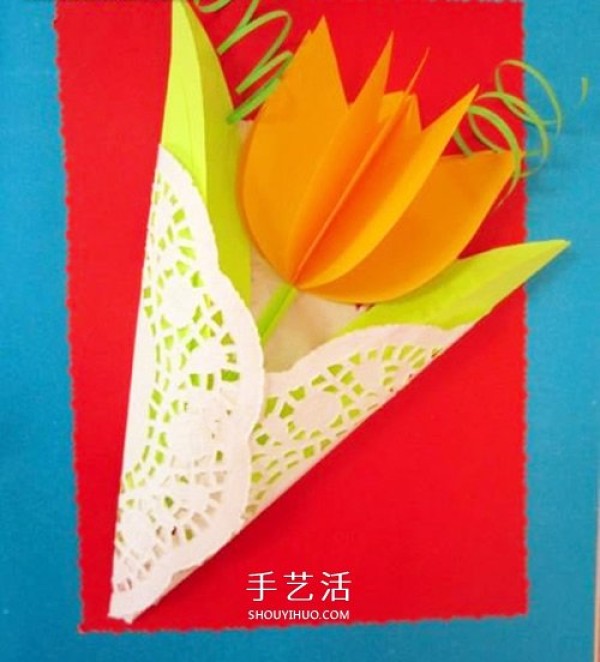 Card paper makes a three-dimensional tulip flower beautiful bouquet greeting card for mom