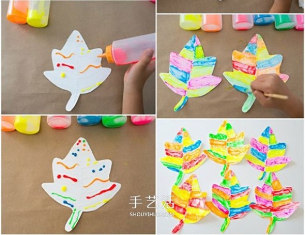 Illustration of how children make handmade New Year hangings from cardboard and maple leaf hangings