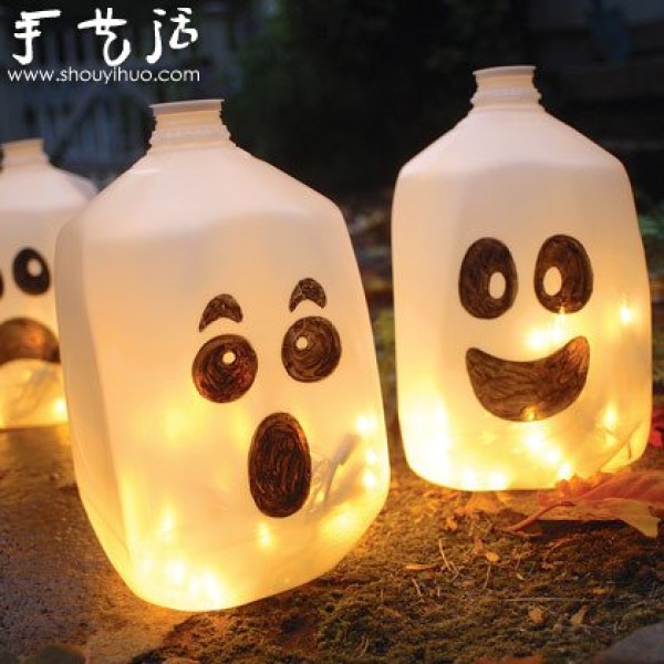 DIY pumpkin lanterns from waste plastic bottles, iron cans and glass bottles