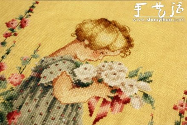 Pastoral style flower girl cross stitch pattern