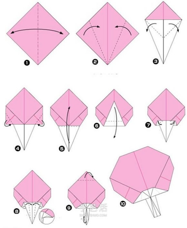 Japanese style paper fan origami illustrations and steps for folding Japanese fans