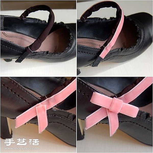 Illustrated tutorial on clever modification of shoes to add cute bow decorations