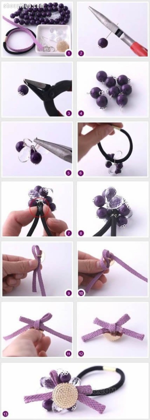 Handmade illustrated tutorial on beautiful beaded rhinestone flower-shaped headband and hair rope