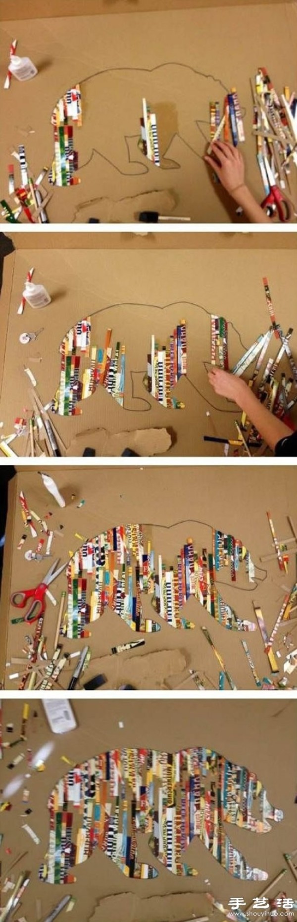 Tutorial on DIY creative collage of waste cardboard and magazines