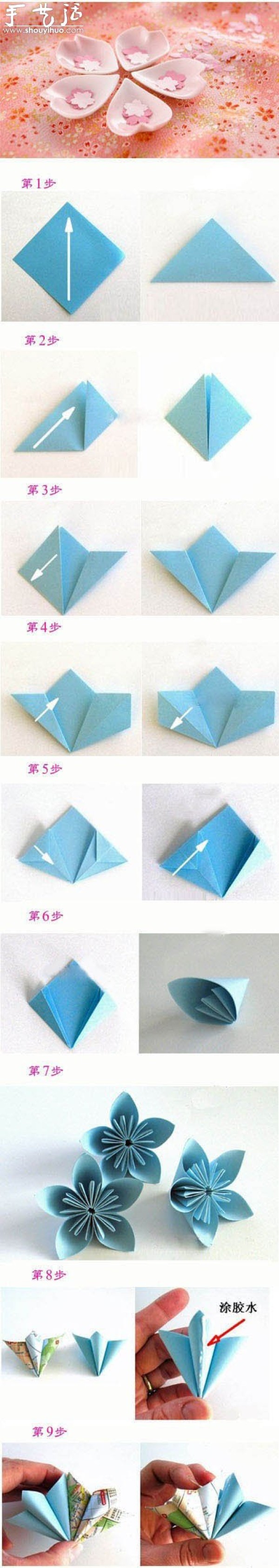 Handmade origami tutorial for three-dimensional cherry blossom clusters