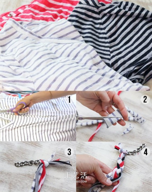 Illustration of how to tear an old T-shirt into strips of cloth and weave a necklace and bracelet by hand