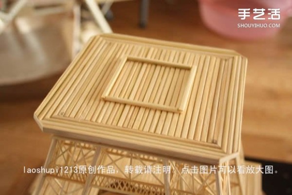 A detailed illustrated tutorial on making a model of the Eiffel Tower using chopsticks and bamboo skewers