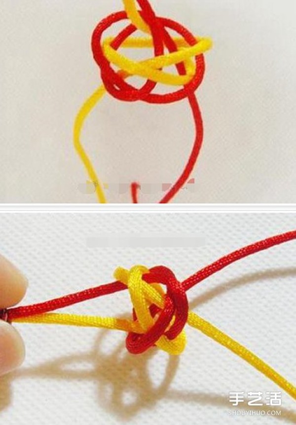 The braiding method of a two-color ring illustrates the simple method of braiding a ring with two strands of rope