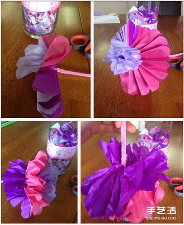 How to make handmade paper flowers, illustrated with step-by-step instructions for folding multi-layered paper flowers