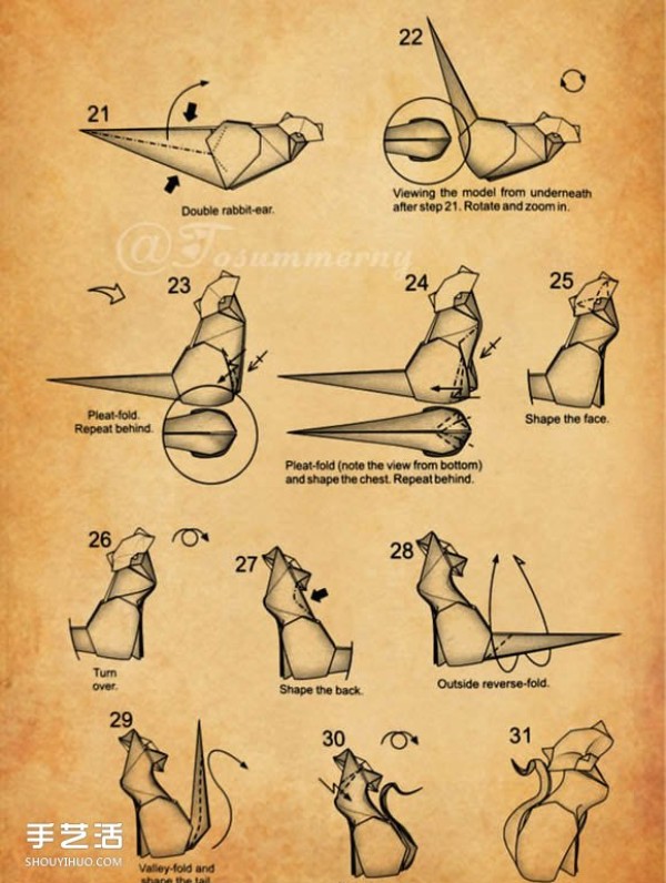 The cat family origami step-by-step diagram, how to fold a three-dimensional cat by hand