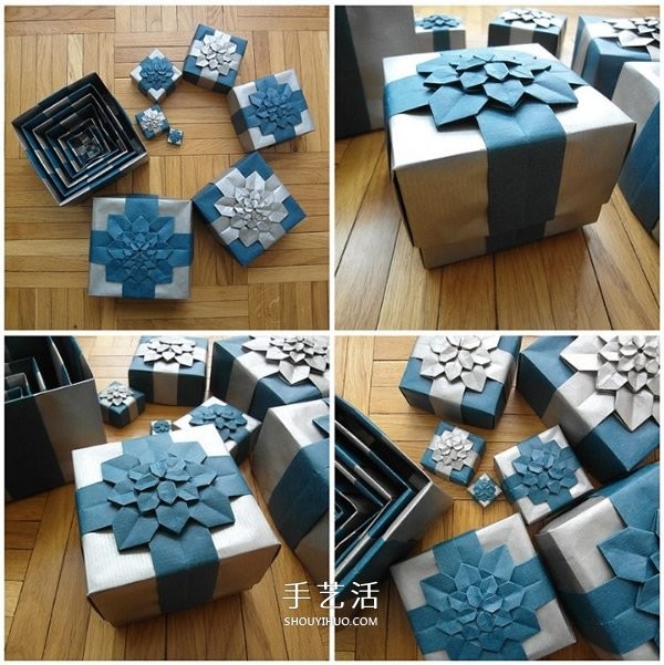 Illustration of folding method of origami gift box with lid and beautiful hydrangea gift box