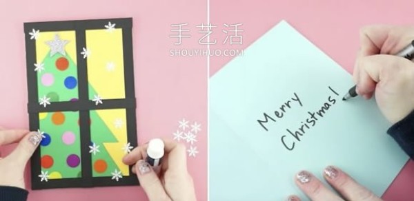 Illustrated tutorial on how to make your own Christmas tree and Christmas card in the window