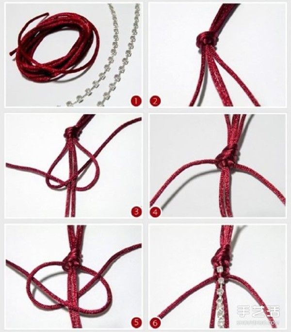 Illustration of a weaving method of a red rope bracelet with a tassel pattern and an atmospheric red rope bracelet