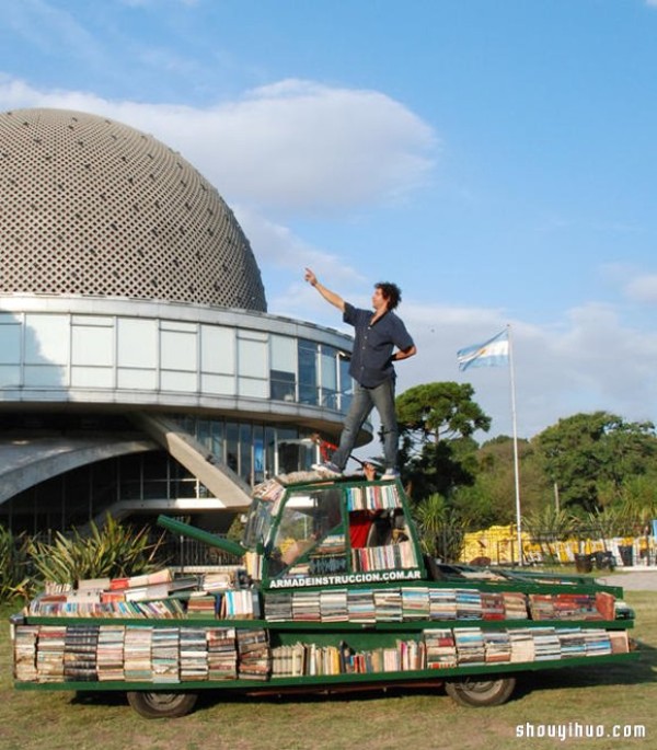 An old car was converted into a tank and turned into a mobile library