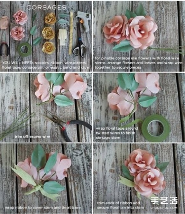 How to make handmade paper corsage. Illustrated tutorial of making corsage with paper