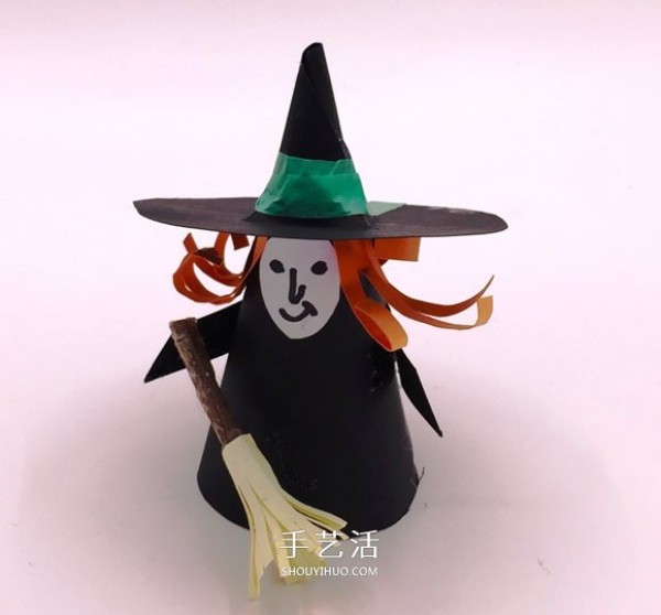 Illustrated tutorial for making a witch from cardboard and handmade Halloween witches