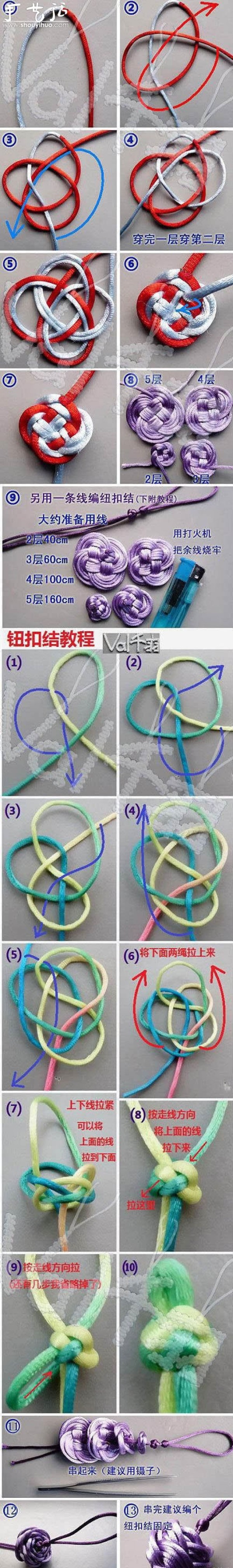 Tutorial on knitting rosettes with double money knots and button knots