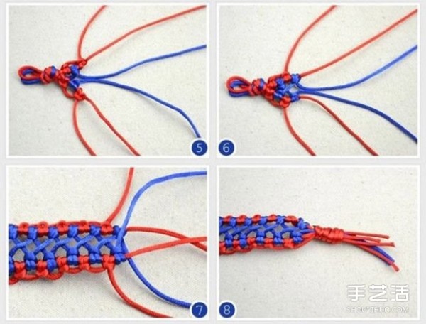 Illustrated tutorial on the weaving process of a two-color mesh bracelet