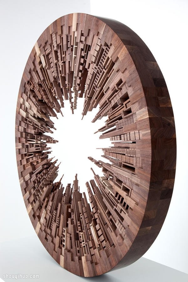 Amazing three-dimensional wood carving city skyline