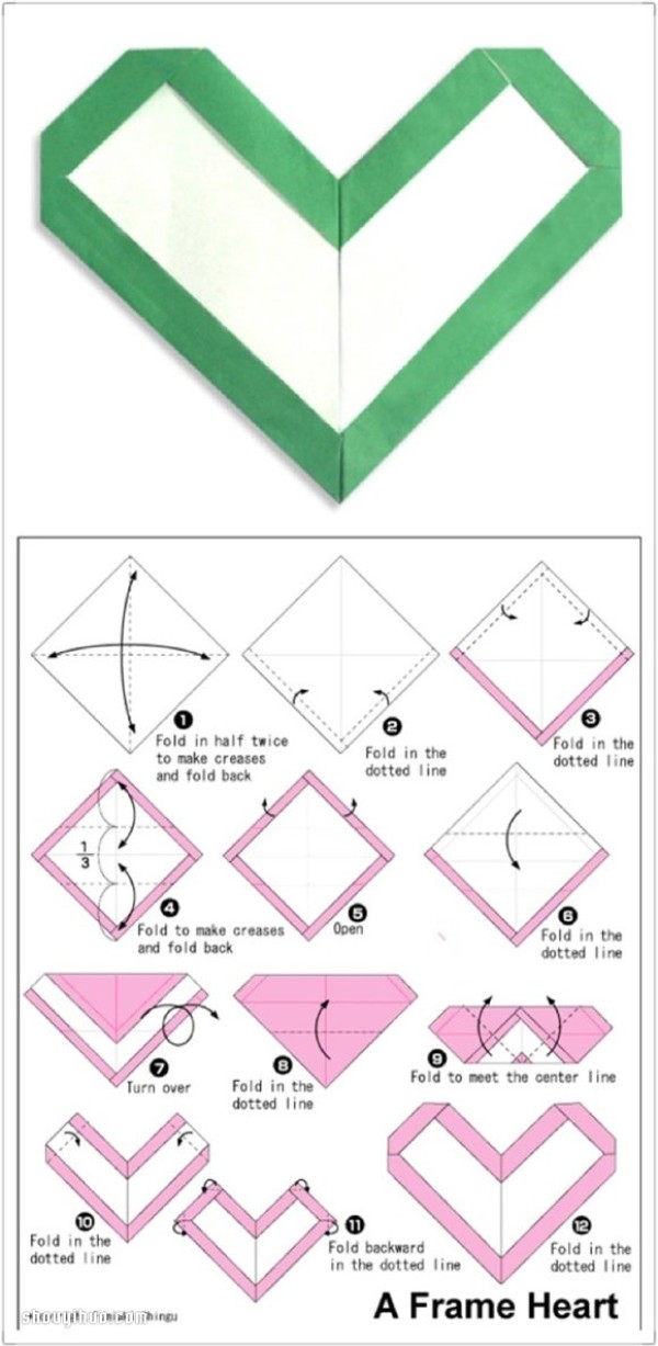 Six ways to make origami hearts, illustrated with steps to make handmade origami hearts