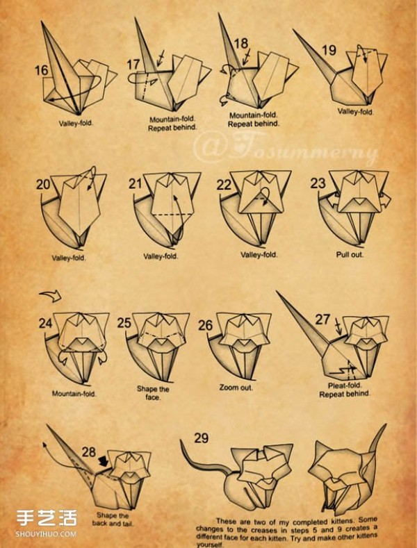 The cat family origami step-by-step diagram, how to fold a three-dimensional cat by hand