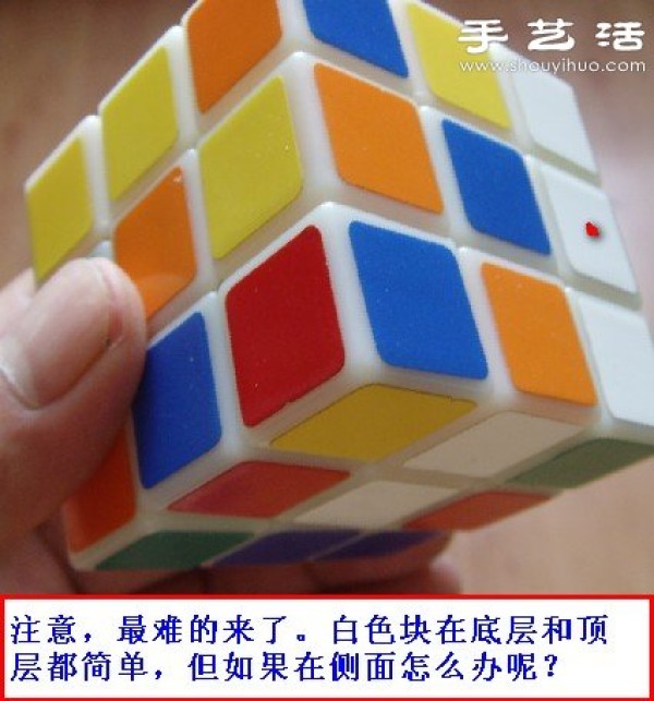 Illustration of a simple method to complete the Rubiks Cube cross with the bottom side down