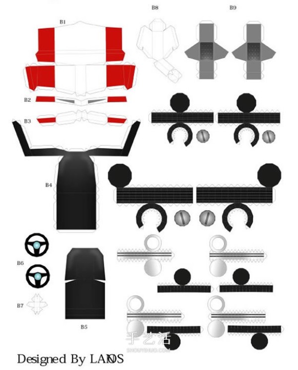 Expanded view of the R4 sports car paper model using drawings and cardboard to make a sports car model