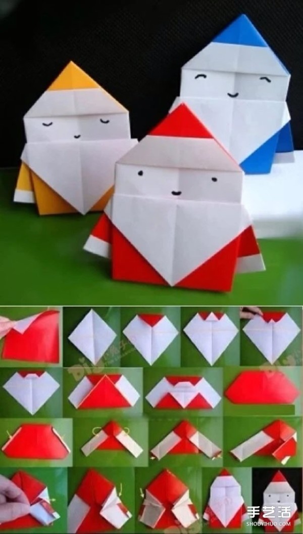 Three illustrated tutorials on how to fold origami Santa Claus for children