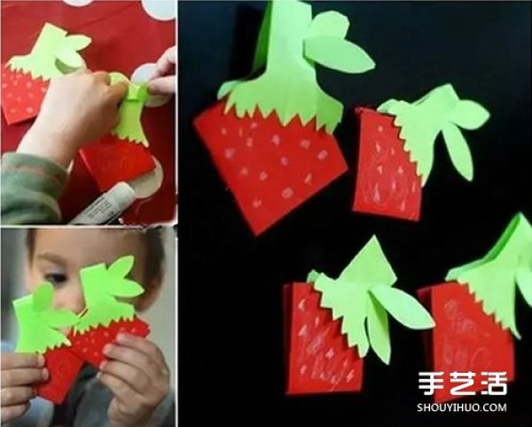 Illustrations on how to fold origami strawberries for children can be used as wall decorations or necklaces