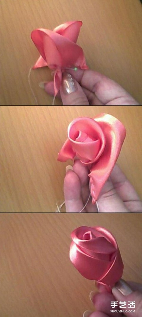 How to make satin ribbon roses, tutorial on folding ribbon roses with illustrations