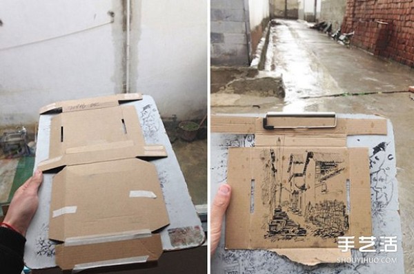 Garbage→A hand-painted creation of a waste paper box that outlines the taste of hometown through art