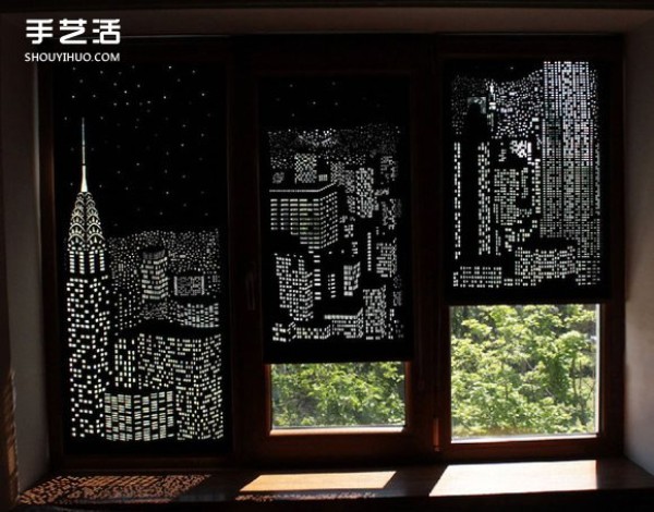 Ukrainian handmade city silhouette curtains engraved with limited day and night scenes