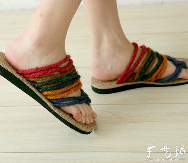 DIY rainbow slippers with hemp rope and cloth soles