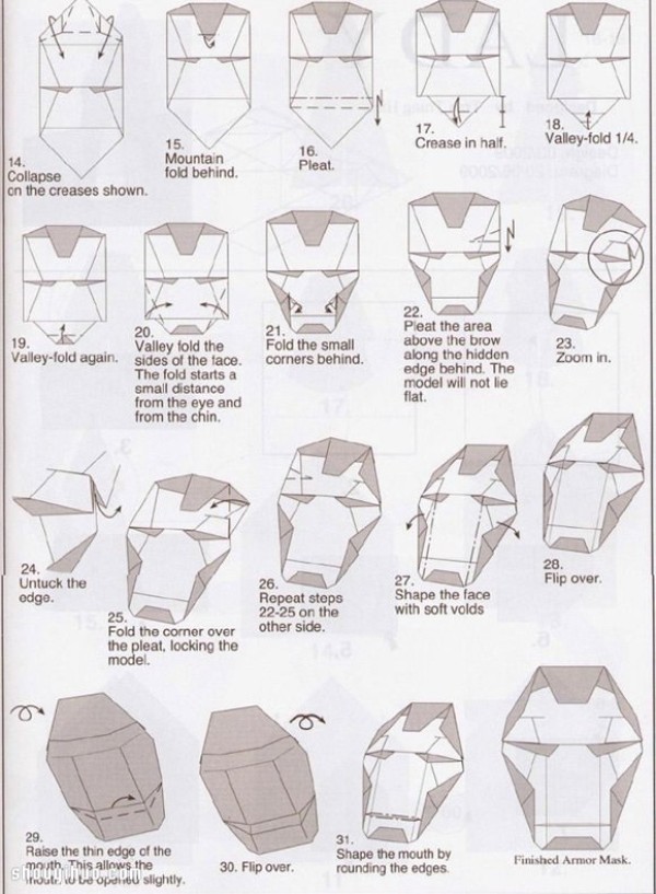 Illustrated tutorial on folding the origami Iron Man mask