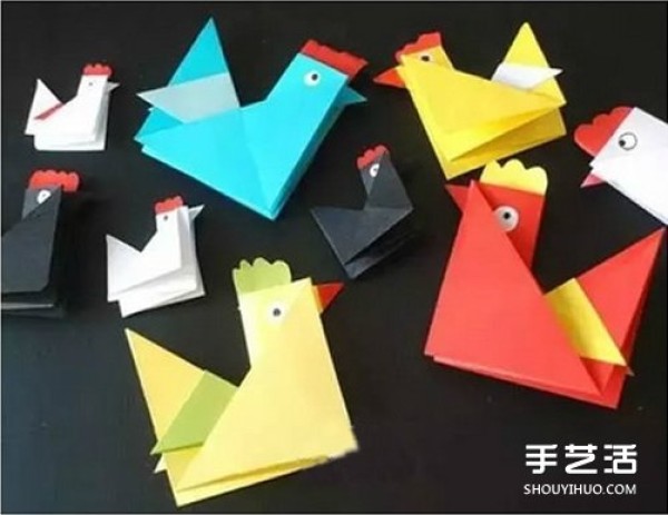 Childrens origami rooster method and illustration of folding three-dimensional rooster