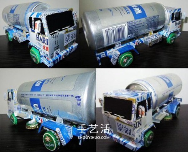 Illustration of how to make an oil tank truck model by hand using cans