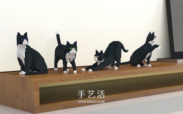 Pictures of DIY three-dimensional cat models using mini Lego blocks