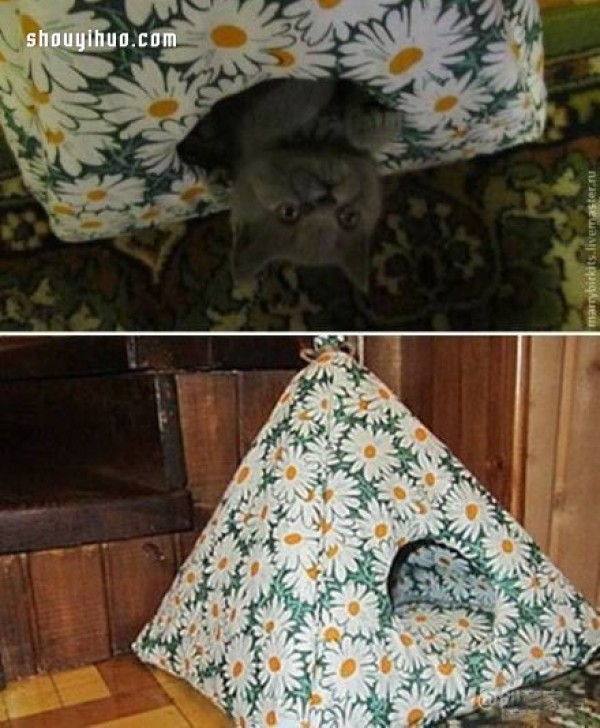 Illustrated tutorial on making a cute cat nest using corrugated paper and non-woven fabric