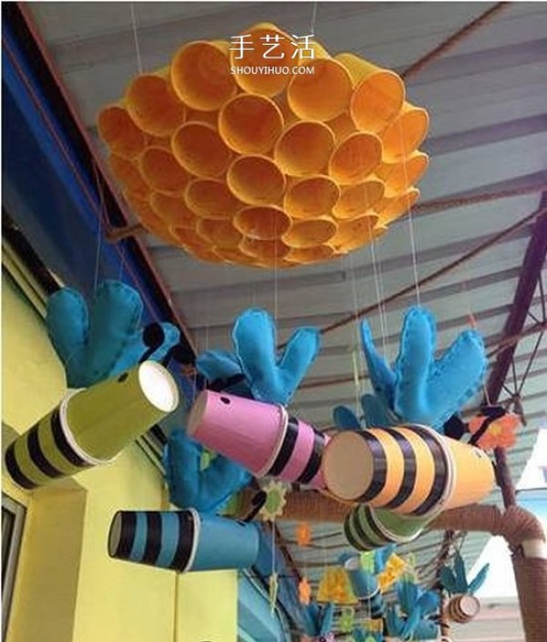 Kindergarten paper cup pendants, handmade pictures of simple paper cups made of pendants