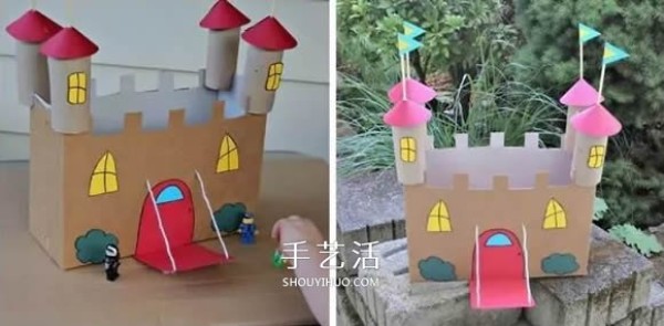 How to make a toy castle by hand. Illustration of how to make a castle from waste paper boxes