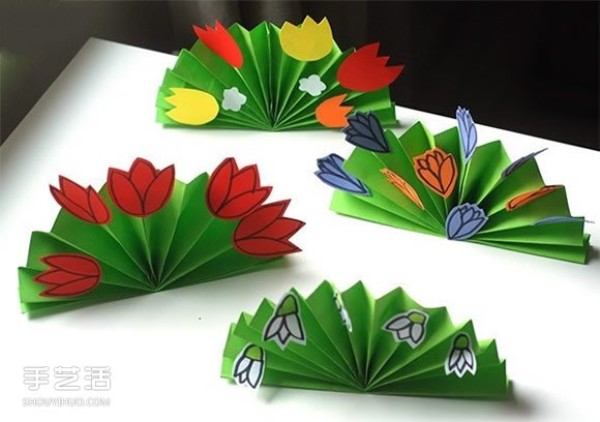 Tutorial of simple origami flower bushes with handmade pictures of childrens flower garden