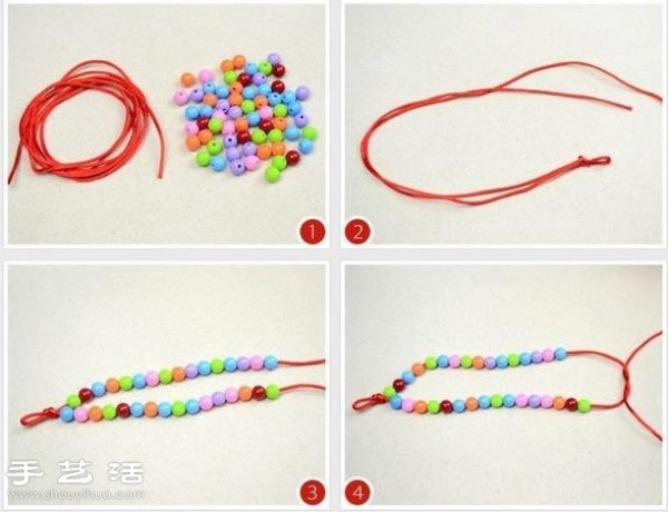 Illustrated tutorial on how to knit a colorful double-row beaded red rope bracelet