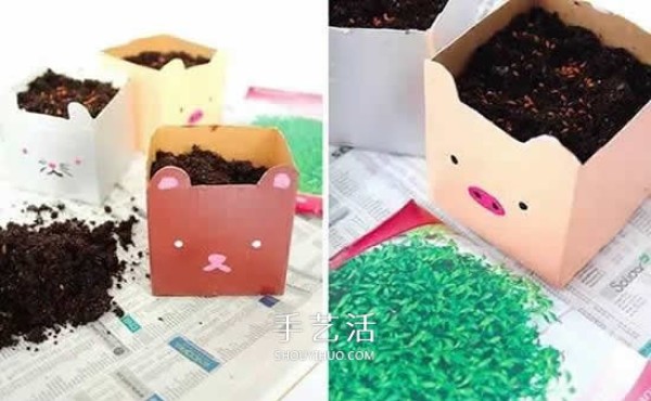 Illustration of how to use milk carton waste to make simple flower pots by hand