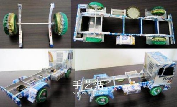 Illustration of how to make an oil tank truck model by hand using cans