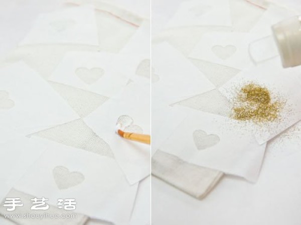 Renovation of old items: Creative DIY shiny heart-shaped patterns for storage bags