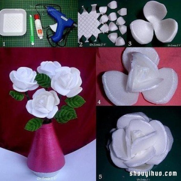 Disposable plastic lunch boxes turn waste into treasure DIY handmade white roses